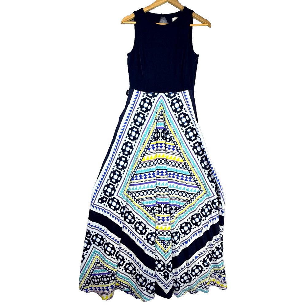 Eliza J Maxi Dress Womens 4 Navy White Geometric Scarf Print Handkerchief Boho